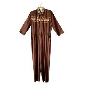 Vintage 80s safari leopard print rayon jumpsuit. Size 6.